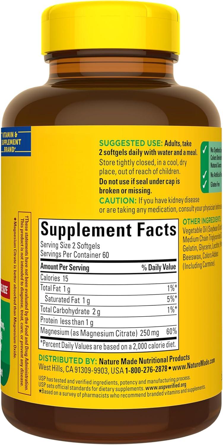 image:imageNature Made Magnesium Citrate 250 mg per serving Magnesium Supplements for Men and Women Supports Muscle Nerve Bone and Heart 60 Softgels 30 Day Supply120 Count Pack of 1