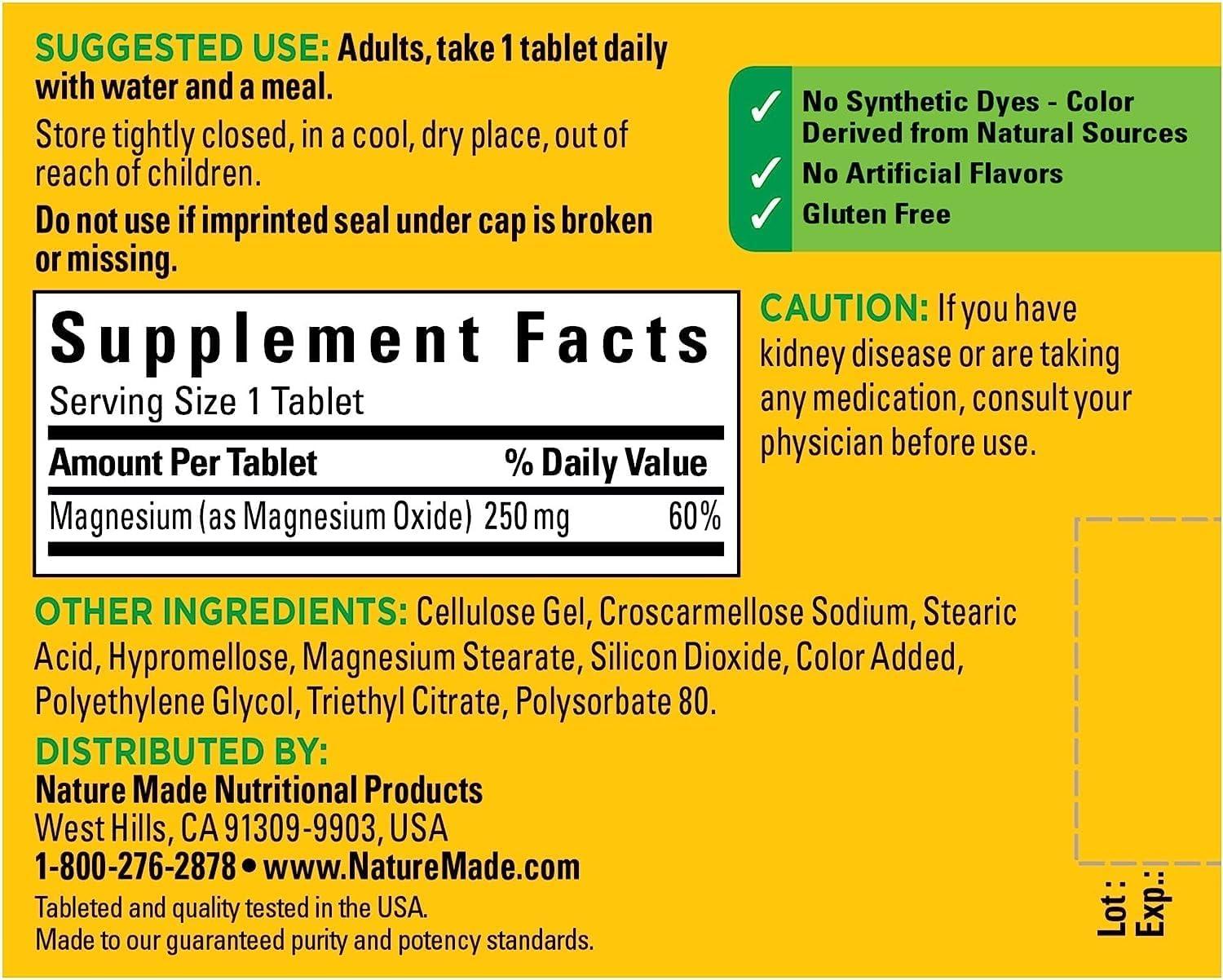 image:imageNature Made Magnesium Oxide 250 mg Magnesium Supplements for Men and Women Support for Muscle Heart Bone and Nerve Health 100 Tablets 100 Day Supply100 Count Pack of 2