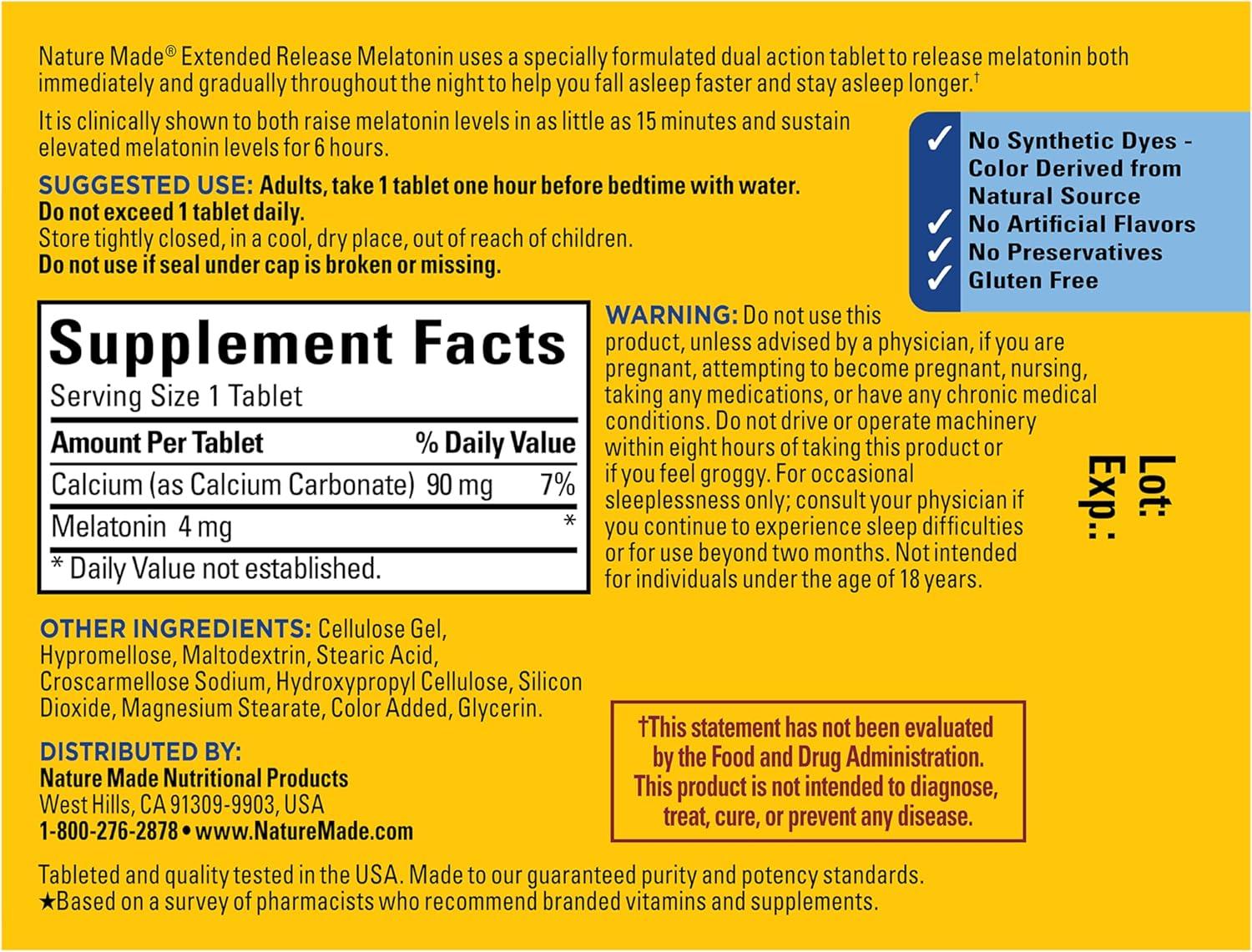 image:imageNature Made Melatonin 4mg Extended Release Tablets Sleep Supplements for Adults 100 Drug Free Sleep Aid 90 Count 90 Day Supply90 Count Pack of 1