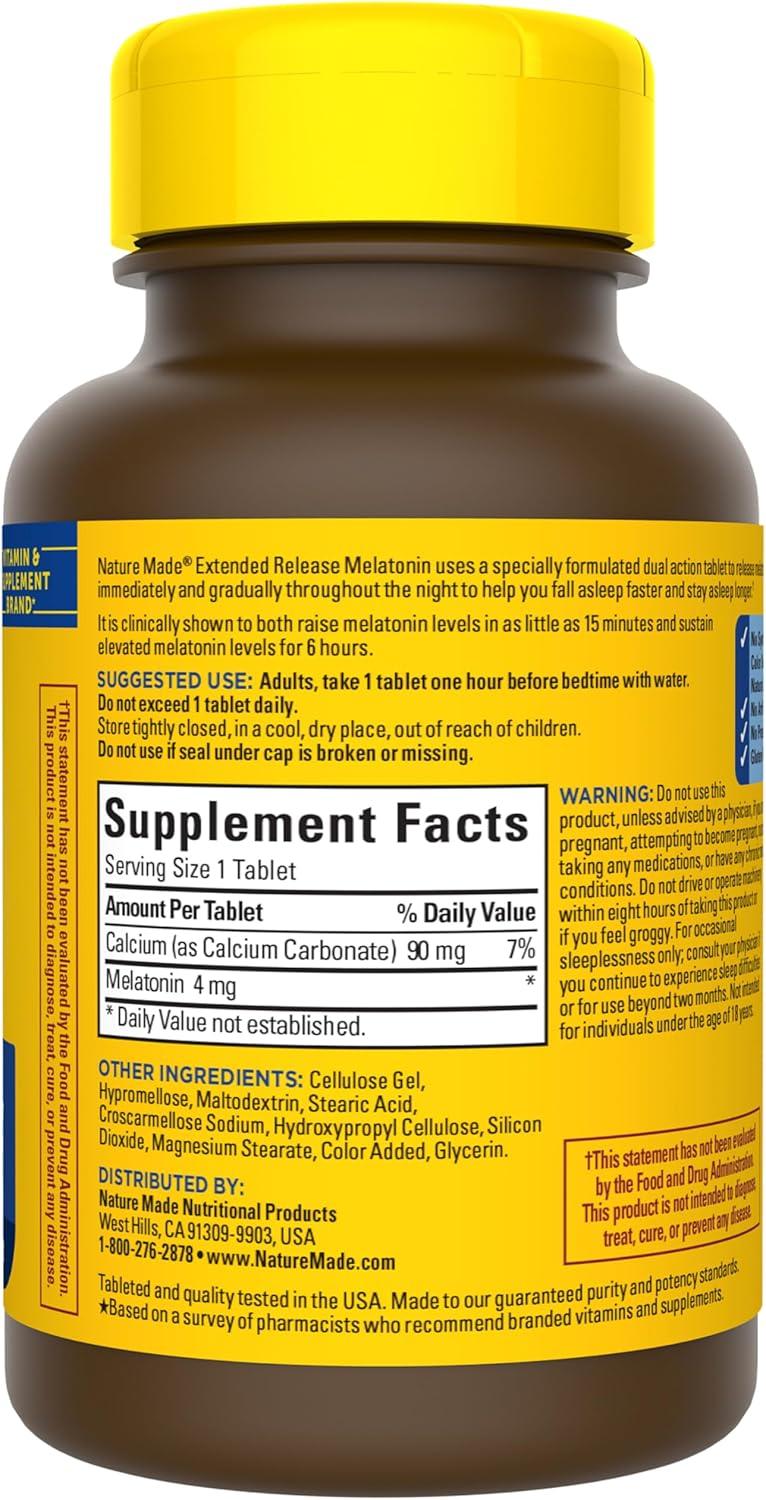image:imageNature Made Melatonin 4mg Extended Release Tablets Sleep Supplements for Adults 100 Drug Free Sleep Aid 90 Count 90 Day Supply90 Count Pack of 1
