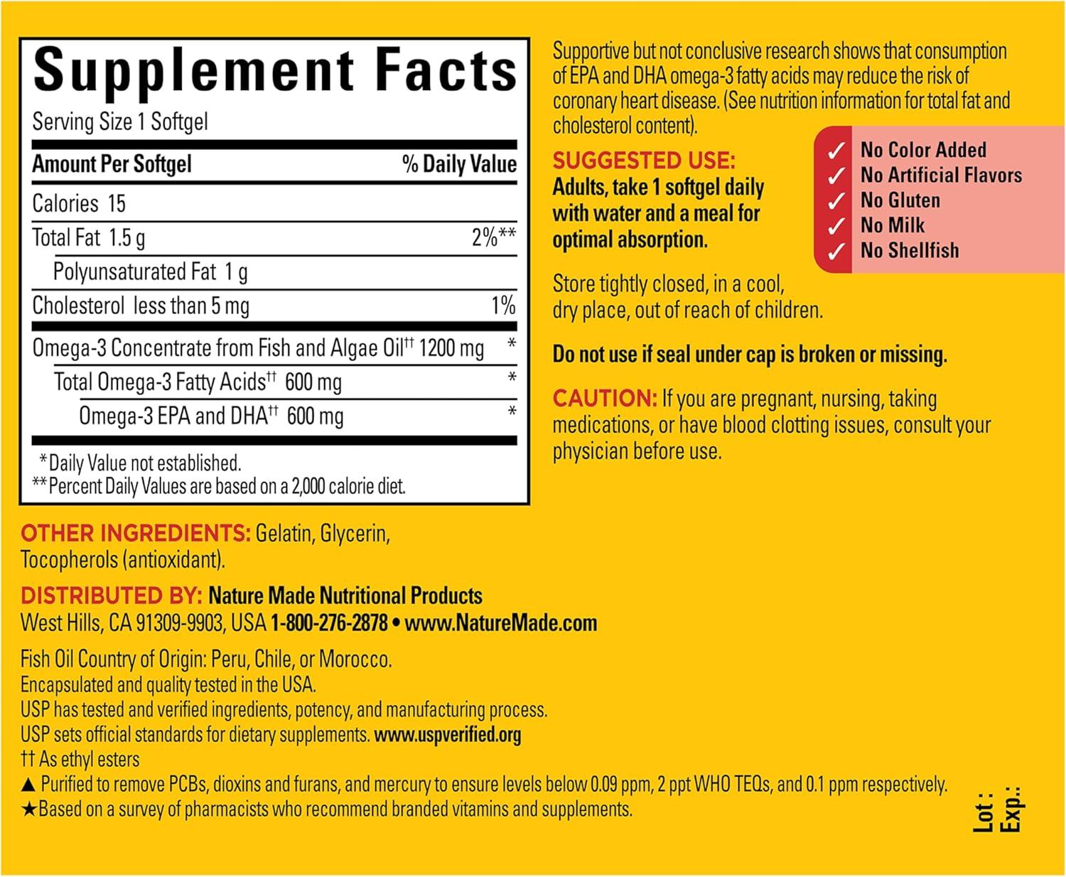 image:imageNature Made Omega 3 Fish Oil and Algae Oil Supplements 1200mg Algae Oil amp Fish Oil Blend Omega 3 Supplement for Heart Brain and Eyes Support One Per Day 60 Softgels