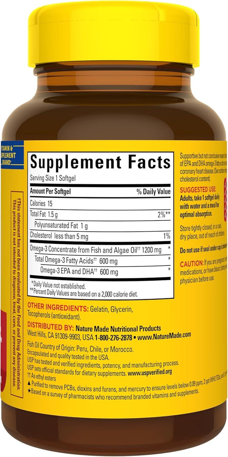 image:imageNature Made Omega 3 Fish Oil and Algae Oil Supplements 1200mg Algae Oil amp Fish Oil Blend Omega 3 Supplement for Heart Brain and Eyes Support One Per Day 60 Softgels