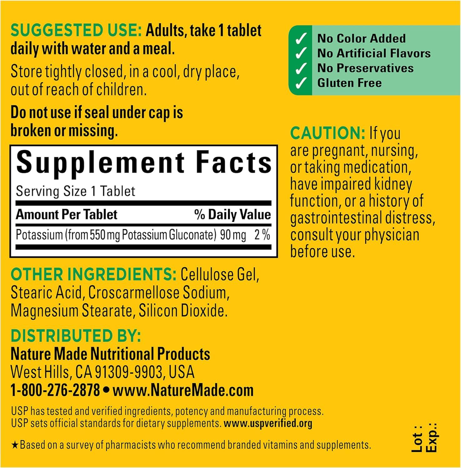 image:imageNature Made Potassium Gluconate 550 mg Potassium Supplements Dietary Supplement for Heart Health Support 100 Tablets 100 Day Supply100 Count Pack of 1