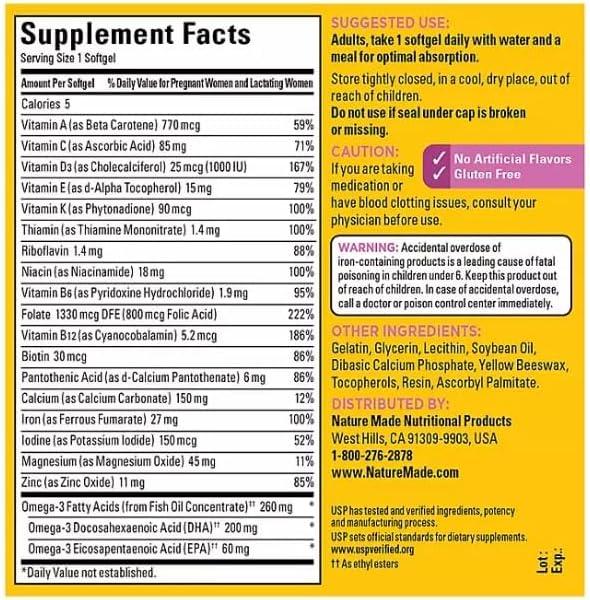 image:imageNature Made Prenatal Vitamins for Women with Folic Acid DHA Prenatal Vitamin and Mineral Supplement for Daily Nutritional Support 60 Softgels 60 Day SupplyUnflavored