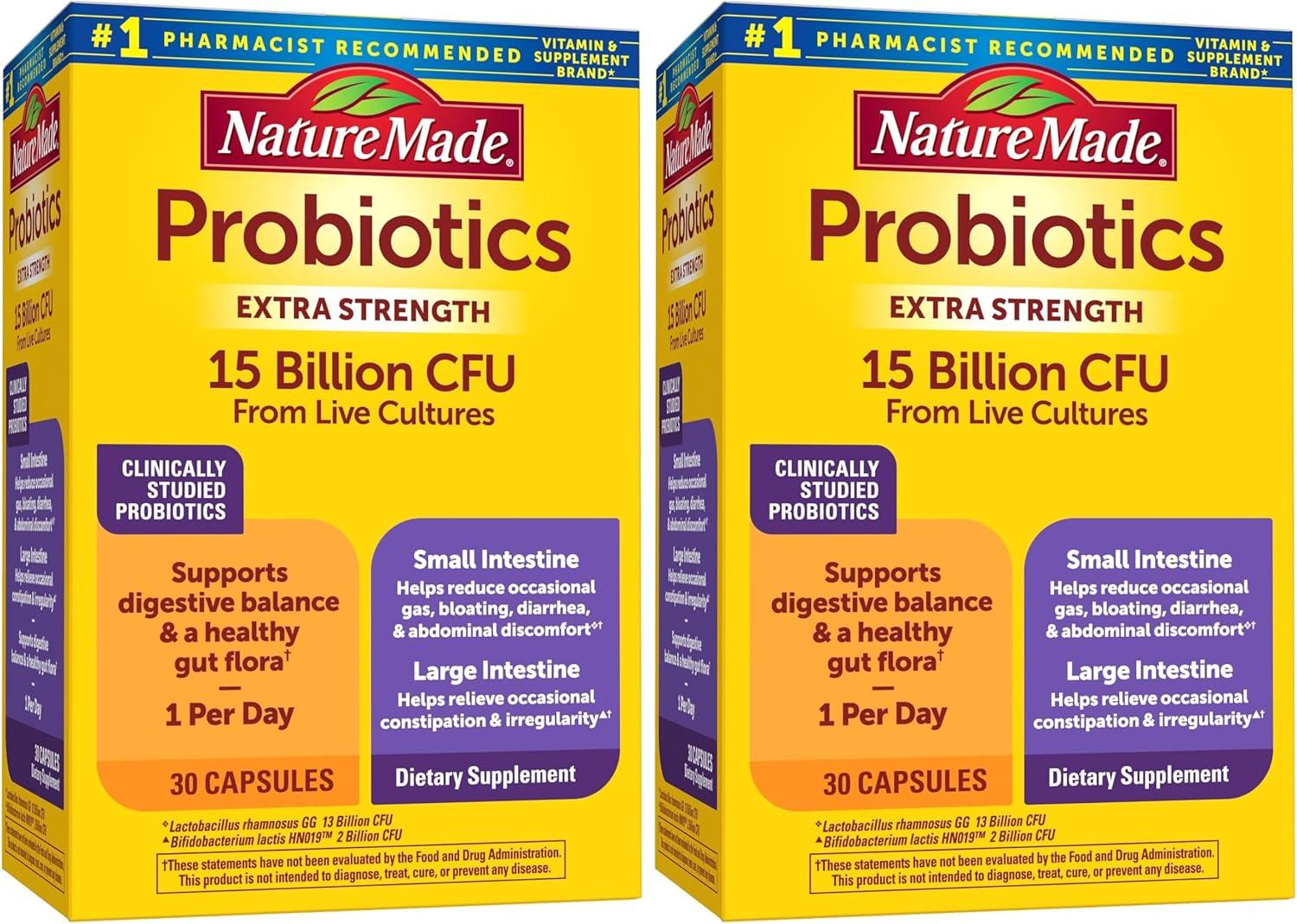 image:imageNature Made Probiotics for Digestive Health Extra Strength 15 Billion CFU from Live Cultures Probiotics for Women and Men 30 Probiotic Capsules 30 Day SupplyUnflavored