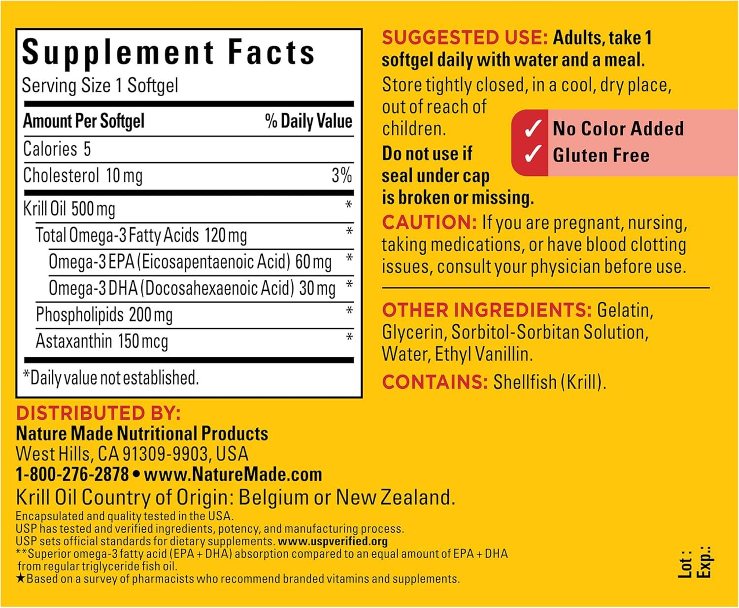 image:imageNature Made Superior Absorption Krill Oil 500mg with Astaxanthin and Phospholipids Omega 3 for Heart Health Support Antarctic Krill Oil Supplement 100 Softgels 100 Day Supply