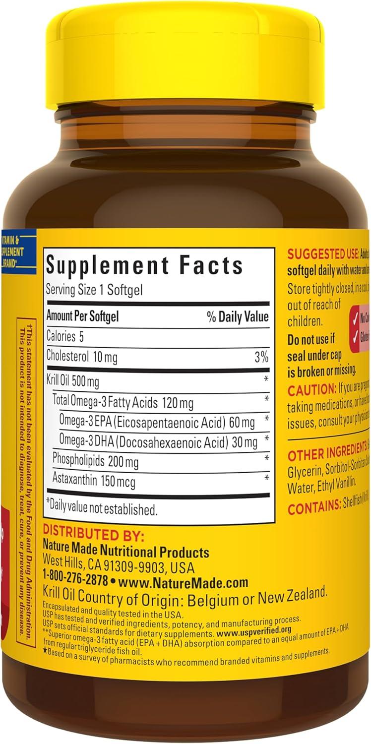 image:imageNature Made Superior Absorption Krill Oil 500mg with Astaxanthin and Phospholipids Omega 3 for Heart Health Support Antarctic Krill Oil Supplement 100 Softgels 100 Day Supply