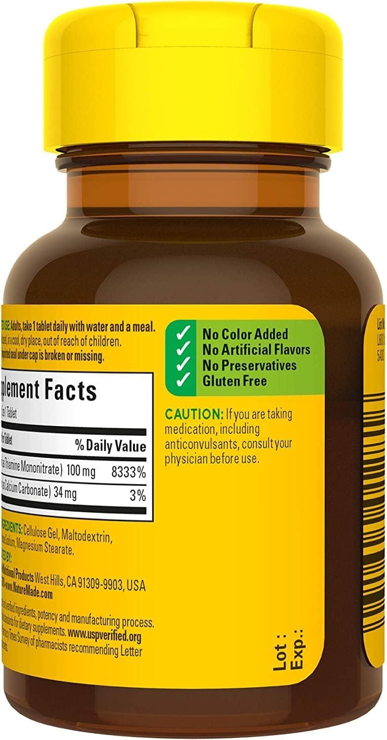 image:imageNature Made Vitamin B1 100mg Thiamine B1 Supplement for Energy Metabolism Support 100 Tablets 100 Day SupplyNo Artificial Flavors