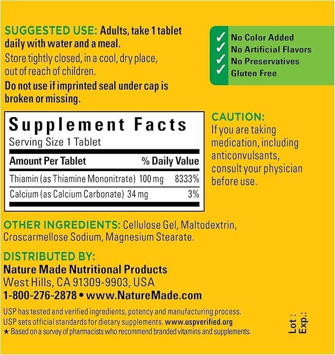 image:imageNature Made Vitamin B1 100mg Thiamine B1 Supplement for Energy Metabolism Support 100 Tablets 100 Day SupplyNo Artificial Flavors