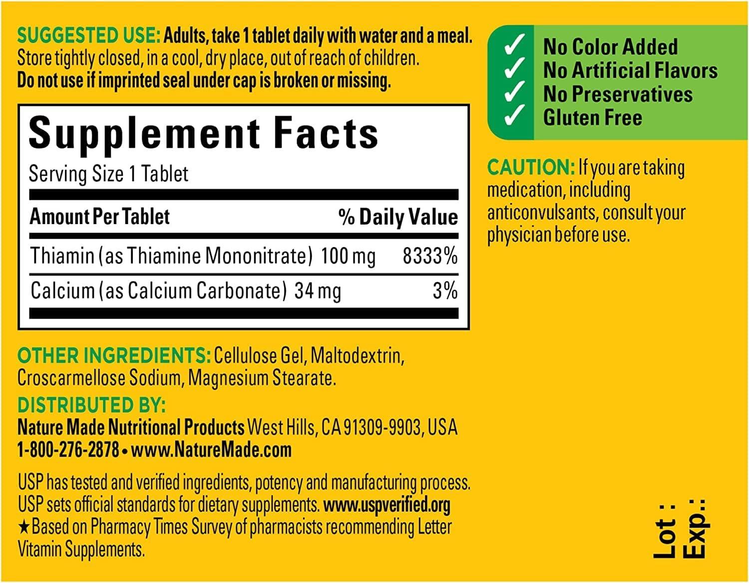 image:imageNature Made Vitamin B1 100mg Thiamine B1 Supplement for Energy Metabolism Support 100 Tablets 100 Day SupplyNo Artificial Flavors
