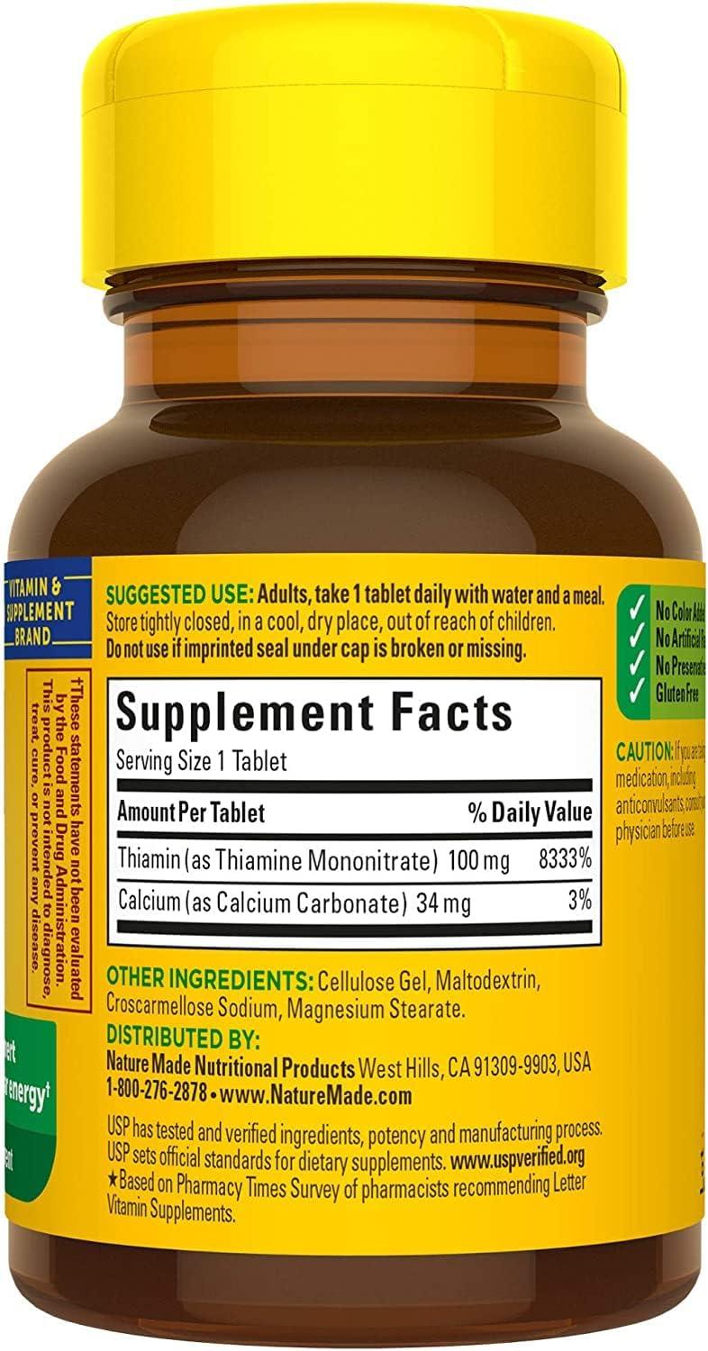 image:imageNature Made Vitamin B1 100mg Thiamine B1 Supplement for Energy Metabolism Support 100 Tablets 100 Day SupplyNo Artificial Flavors