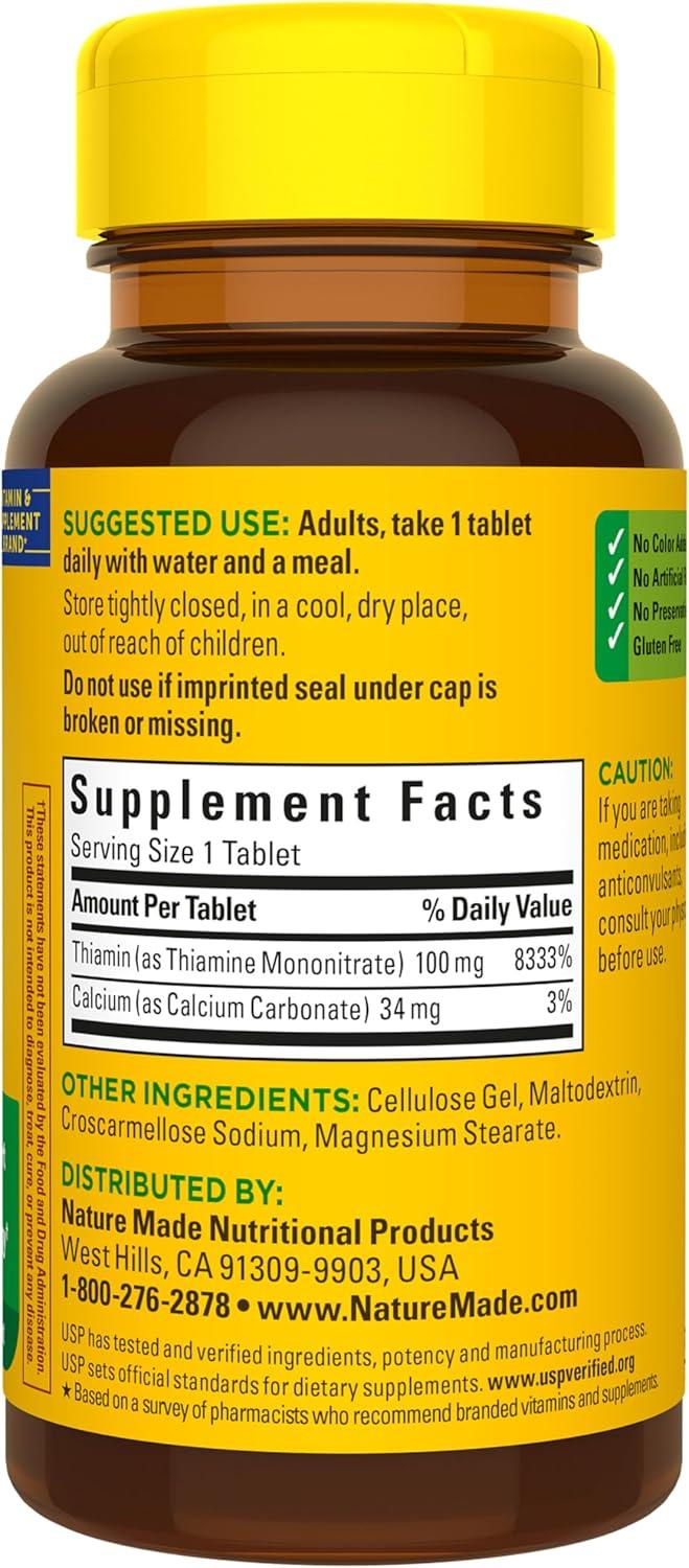 image:imageNature Made Vitamin B1 100mg Thiamine B1 Supplement for Energy Metabolism Support 100 Tablets 100 Day SupplyUnflavored