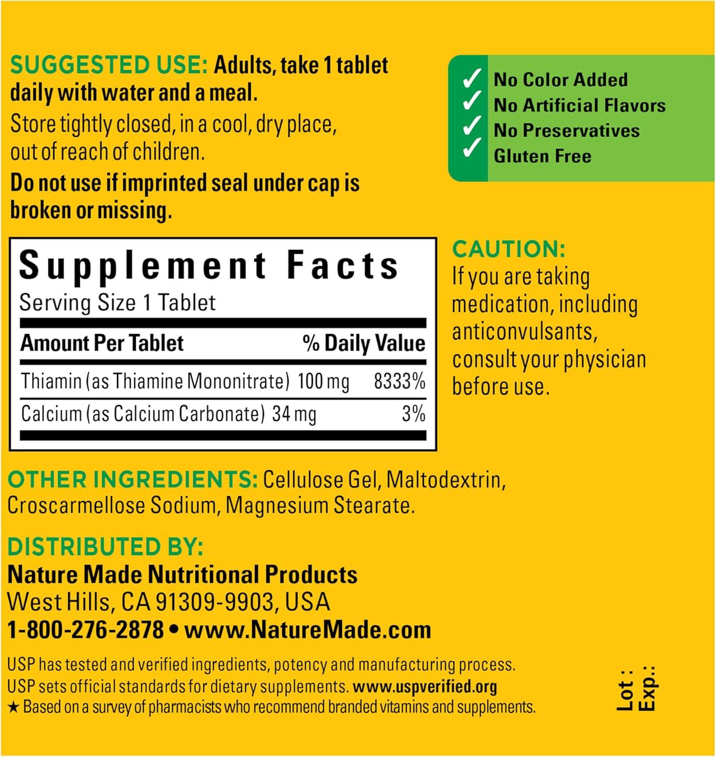 image:imageNature Made Vitamin B1 100mg Thiamine B1 Supplement for Energy Metabolism Support 100 Tablets 100 Day SupplyUnflavored
