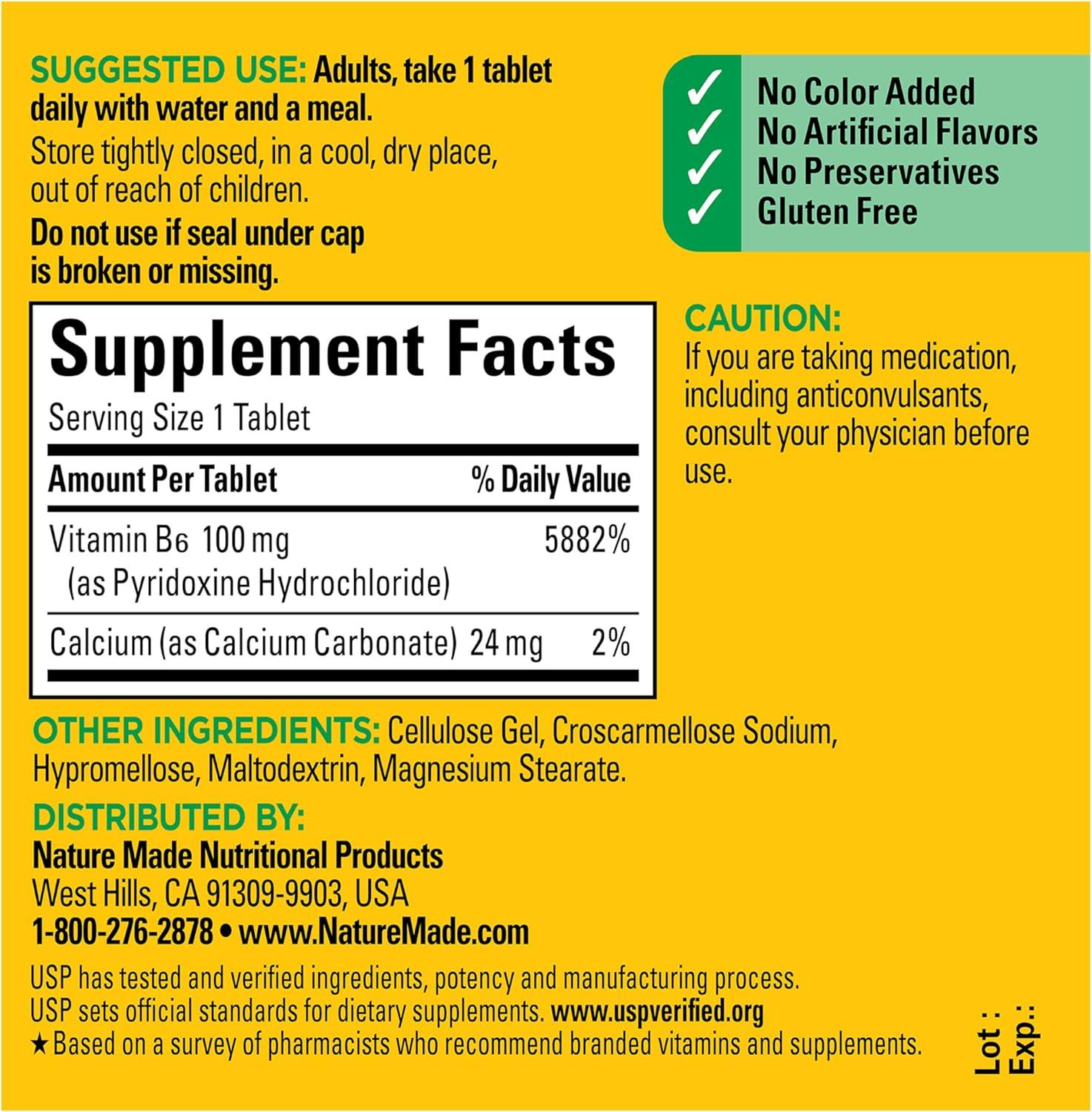 image:imageNature Made Vitamin B6 100mg B6 Vitamins for Energy Metabolism Support 100 Tablets 100 Day Supply100 Count Pack of 1