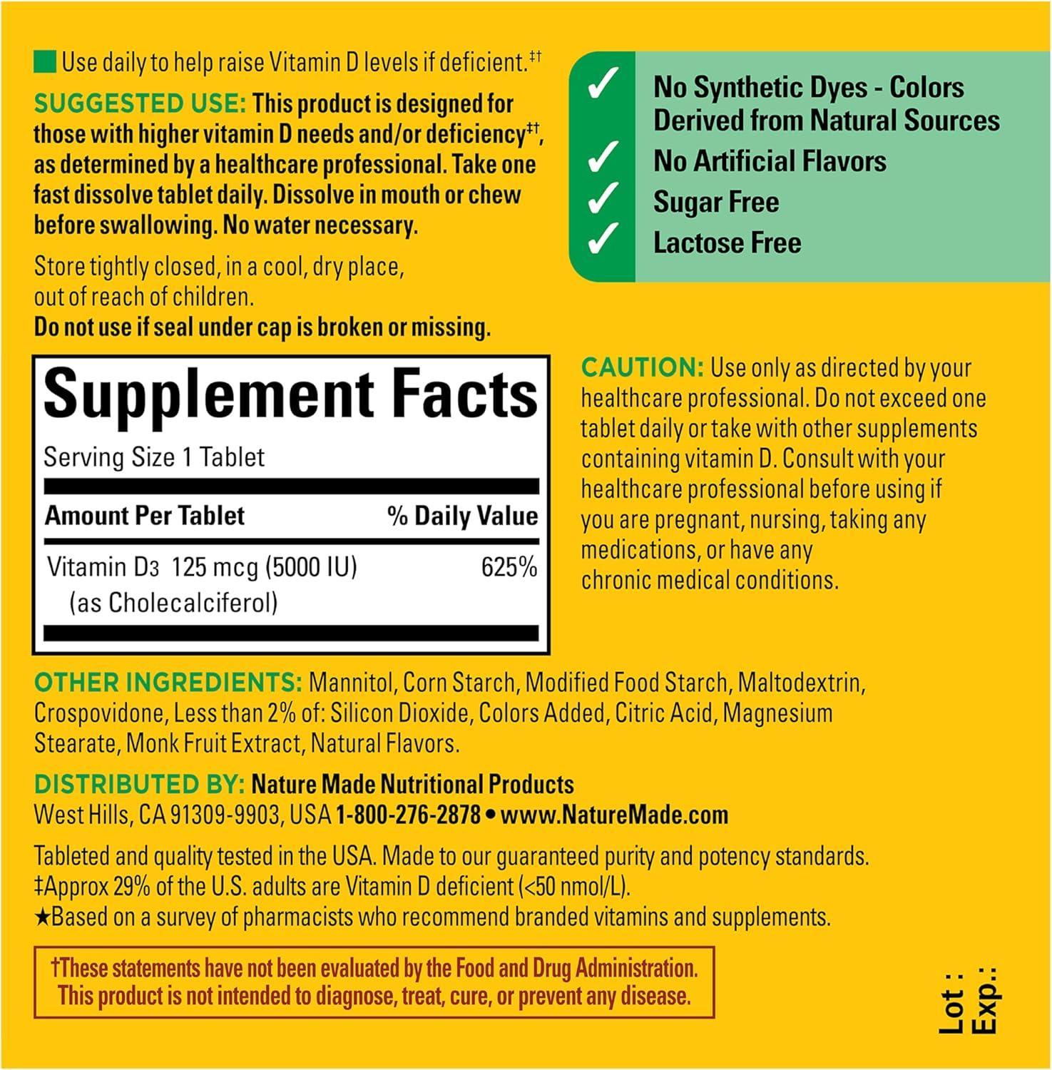 image:imageNature Made Vitamin D3 5000 IU 125 mcg Extra Strength Vitamin D Supplement for Immune Support 70 Sugar Free Fast Dissolve Tablets 70 Day Supply70 Count Pack of 1
