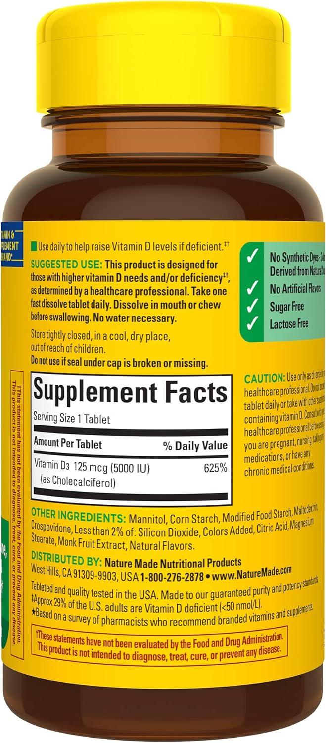 image:imageNature Made Vitamin D3 5000 IU 125 mcg Extra Strength Vitamin D Supplement for Immune Support 70 Sugar Free Fast Dissolve Tablets 70 Day Supply70 Count Pack of 2