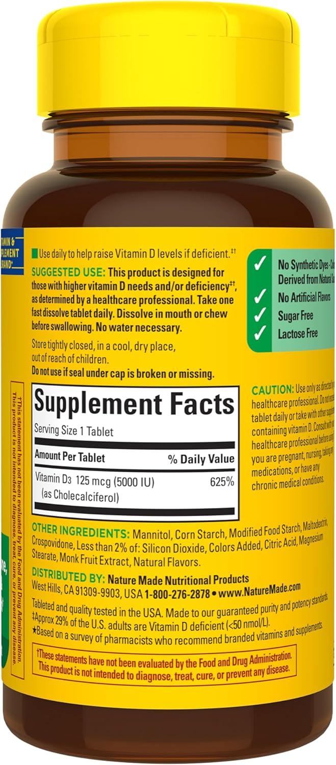 image:imageNature Made Vitamin D3 5000 IU 125 mcg Extra Strength Vitamin D Supplement for Immune Support 70 Sugar Free Fast Dissolve Tablets 70 Day Supply70 Count Pack of 1