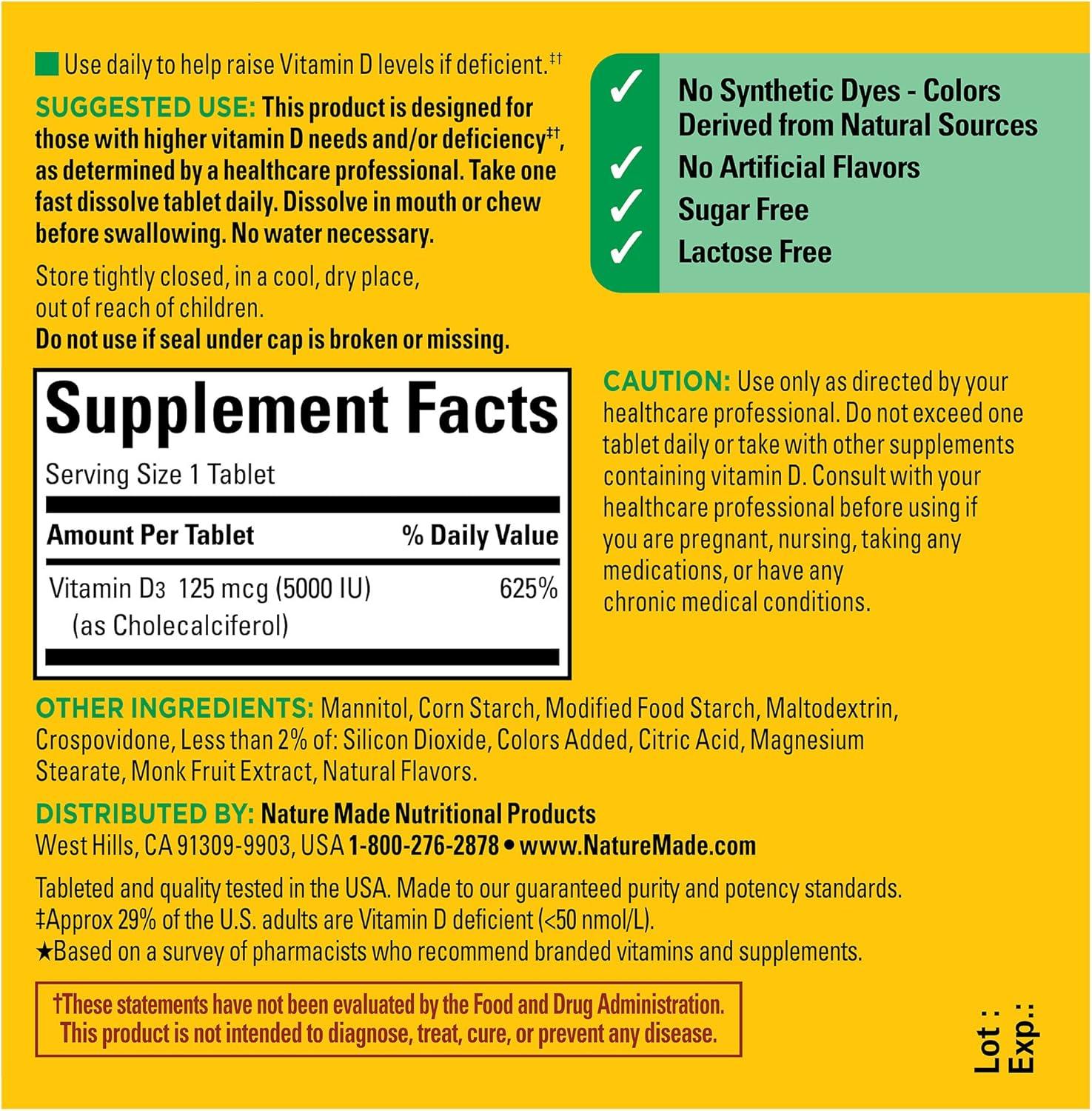 image:imageNature Made Vitamin D3 5000 IU 125 mcg Extra Strength Vitamin D Supplement for Immune Support 70 Sugar Free Fast Dissolve Tablets 70 Day Supply70 Count Pack of 2