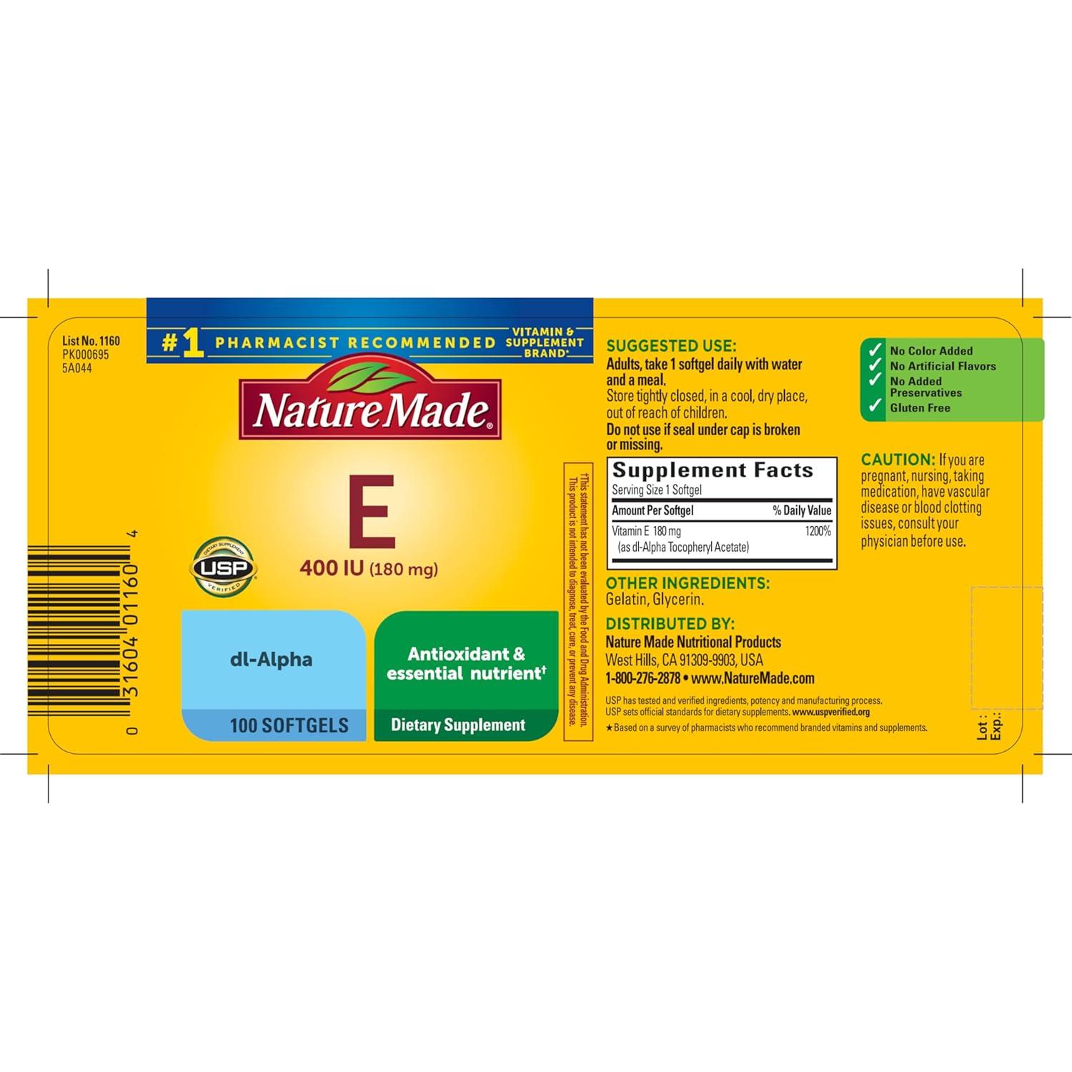 image:imageNature Made Vitamin E 180 mg 400 IU dlAlpha Dietary Supplement for Antioxidant and Skin Support 100 Softgels 100 Day Supply