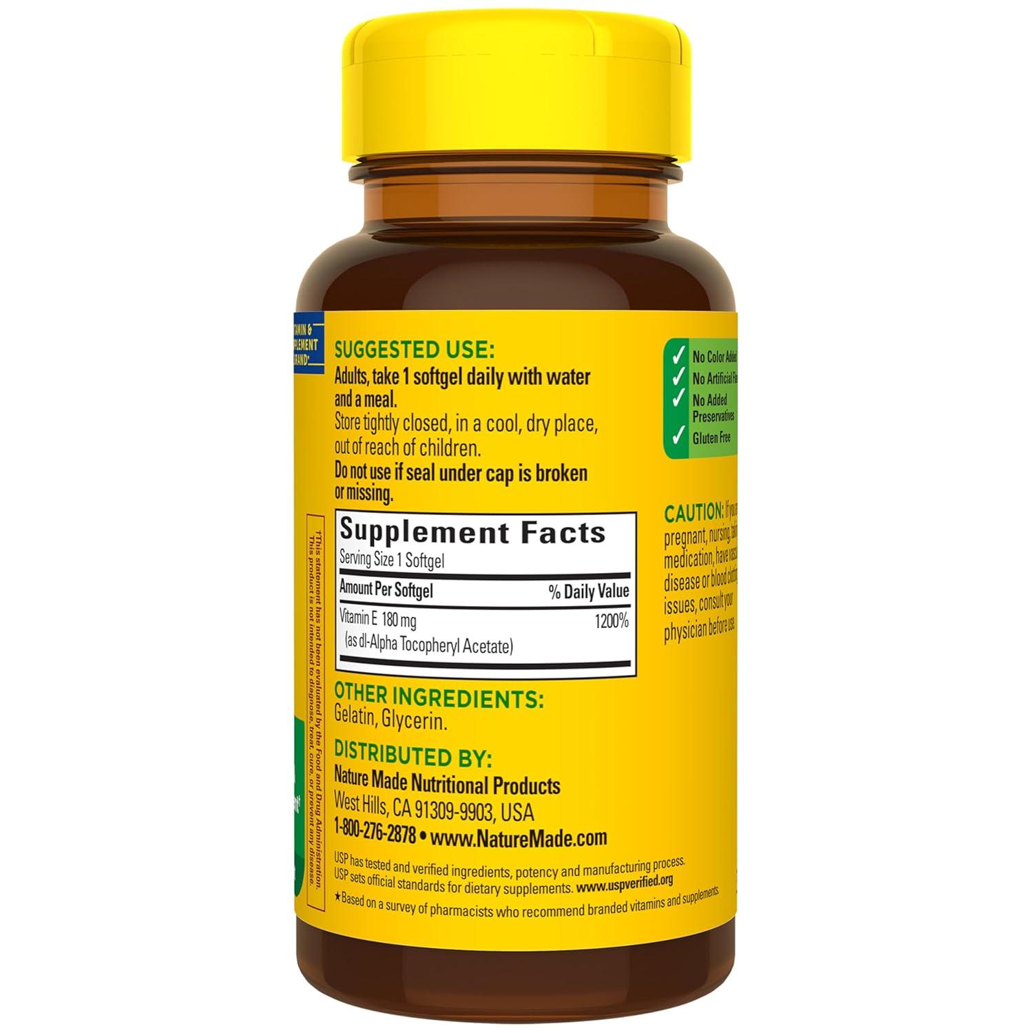 image:imageNature Made Vitamin E 180 mg 400 IU dlAlpha Dietary Supplement for Antioxidant and Skin Support 100 Softgels 100 Day Supply
