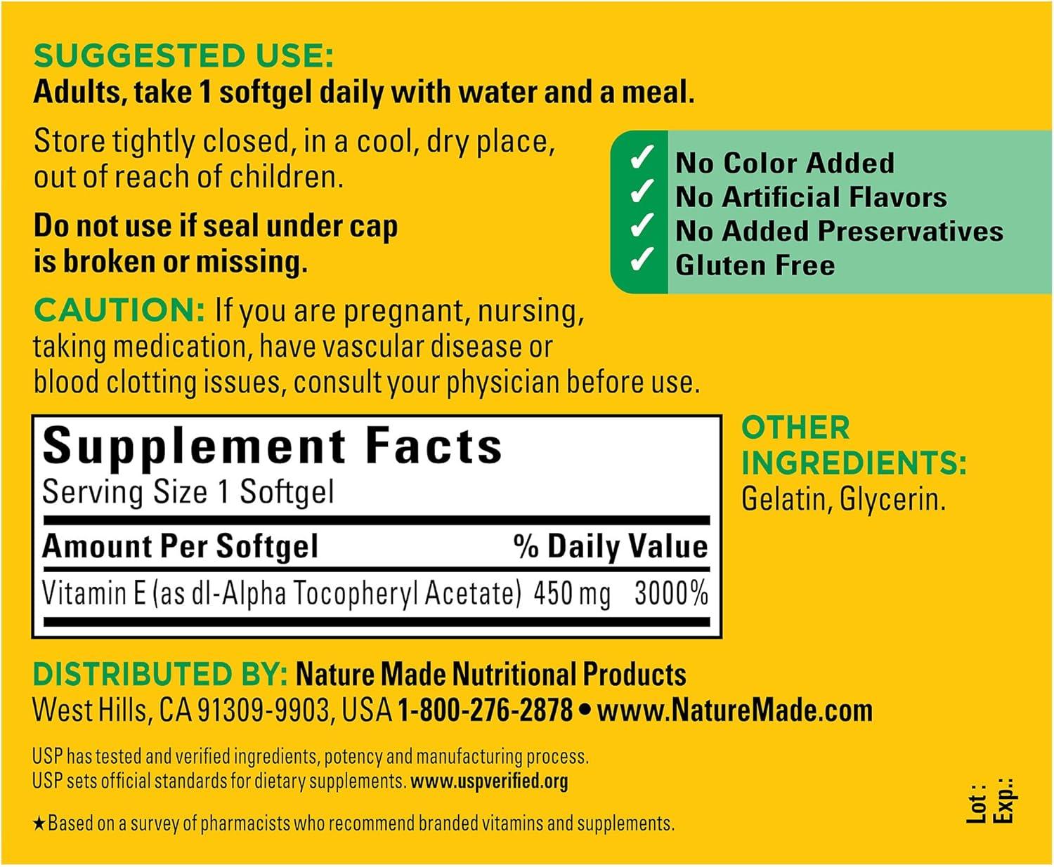 image:imageNature Made Vitamin E 450 mg 1000 IU dlAlpha Softgels 60 Count for Antioxidant Support Pack of 3Unflavored