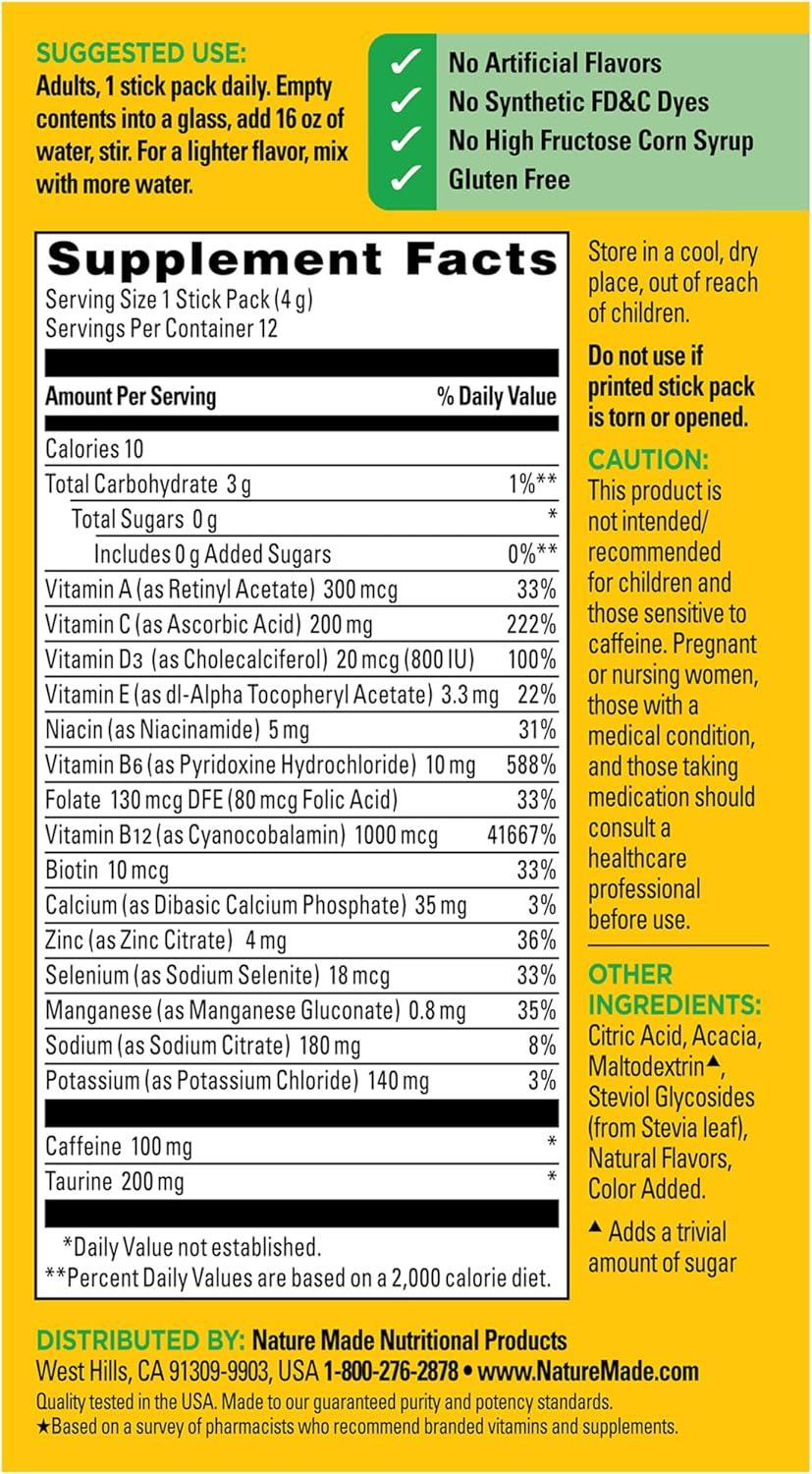 image:imageNature Made Zero Sugar EnergyWell Drink Mix Caffeine B Vitamins and Electrolytes Powder Energy amp Hydration Support 12 Sugar Free Drink Mix Packets 12 Day Supply
