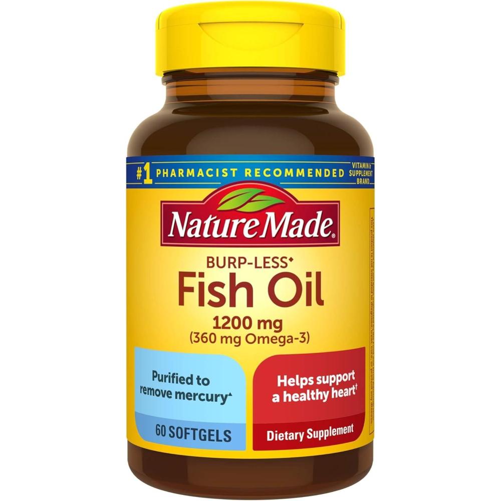 image:imageNature Made Burp Less Fish Oil Omega 3 Supplements 1200 mg Softgels EPA DHA Omega 3 Fish Oil Supplements for Healthy Heart Support 60 Softgels 30 Day Supply60 Count Pack of 3
