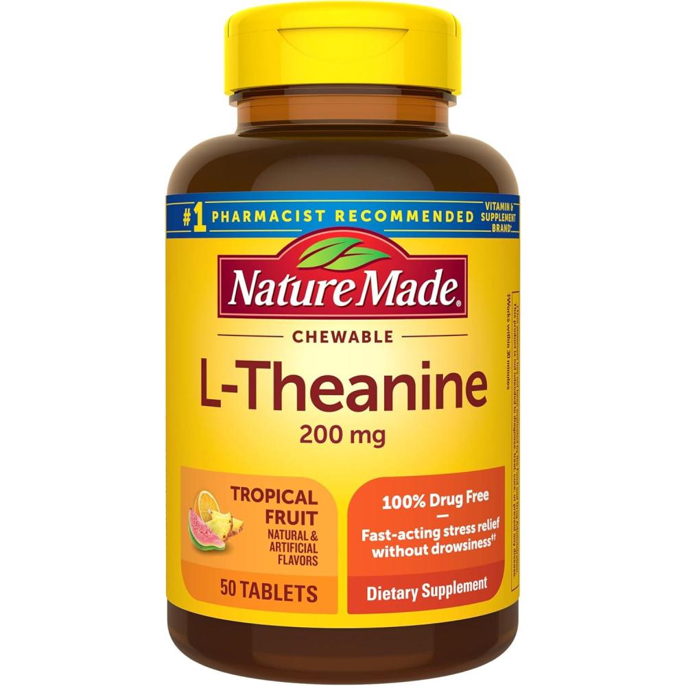 image:imageNature Made Chewable L Theanine 200mg LTheanine Supplement for Stress Relief 50 Chewable Tablets 50 Day Supply50 Count Pack of 1