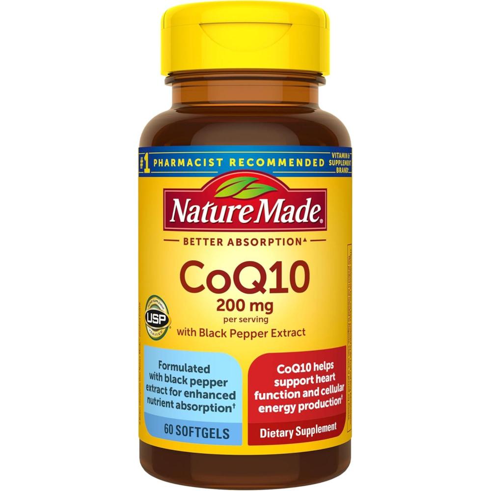 image:imageNature Made CoQ10 200mg per Serving with Black Pepper Extract for Enhanced Nutrient Absorption CoQ10 Supplement for Heart Health Support 60 Softgels 30 Day Supply