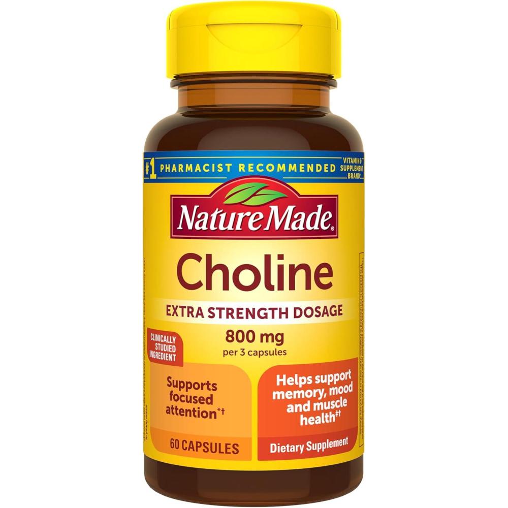image:imageNature Made Extra Strength Dosage Choline Supplements 800 Mg Per 3 Capsules Brain Health Mood Muscle amp Liver Support Vegetarian 60 Capsules 20 Day Supply