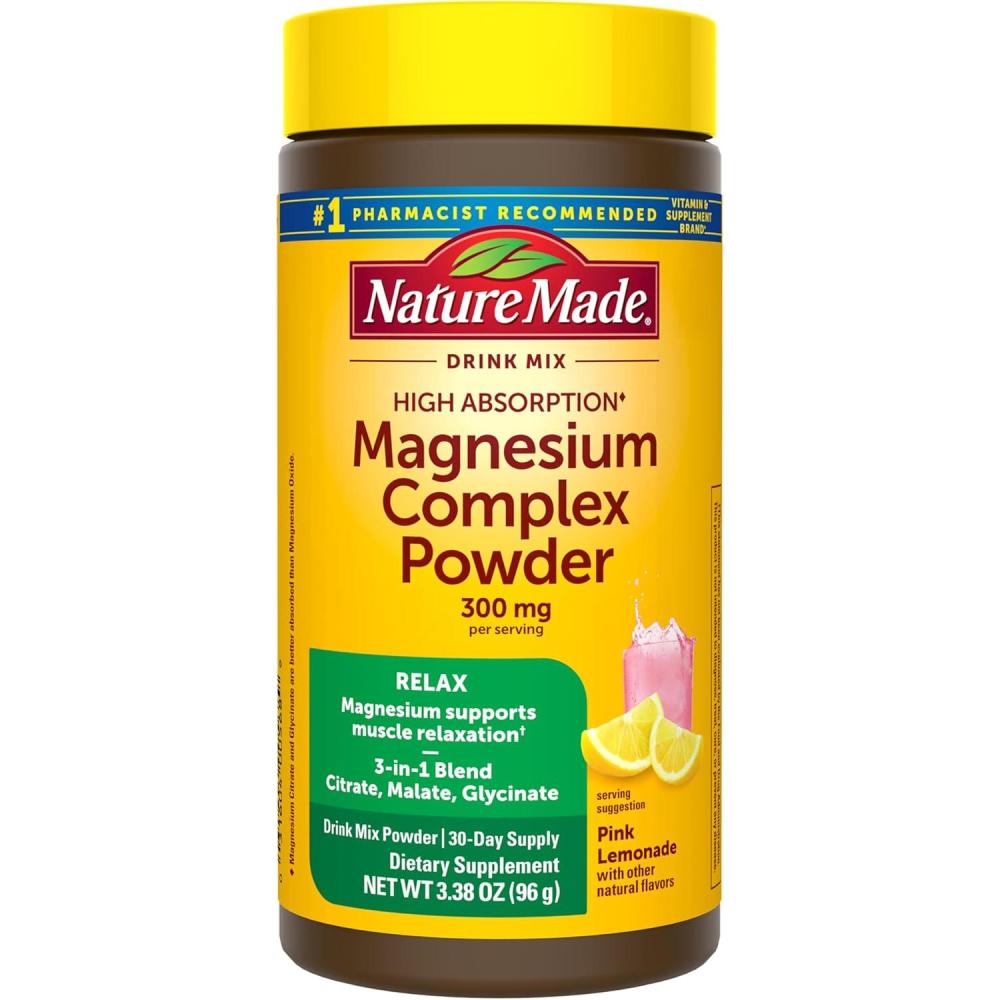 image:imageNature Made High Absorption Magnesium Complex Drink Mix Powder Magnesium Citrate Glycinate amp Malate 3in1 Blend Pink Lemonade Flavor 96 g 30 Day Supply