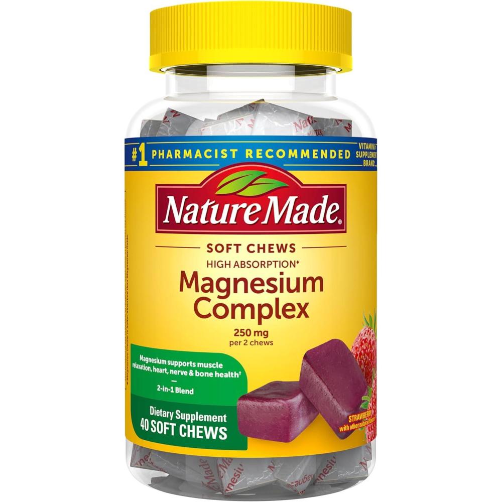 image:imageNature Made High Absorption Magnesium Complex Soft Chews Magnesium Supplement for Muscle Heart Bone Support Magnesium Citrate amp Malate Blend 250 mg per Serving 40 Vegetarian Chews 20 Day Supply40 Count Pack of 1