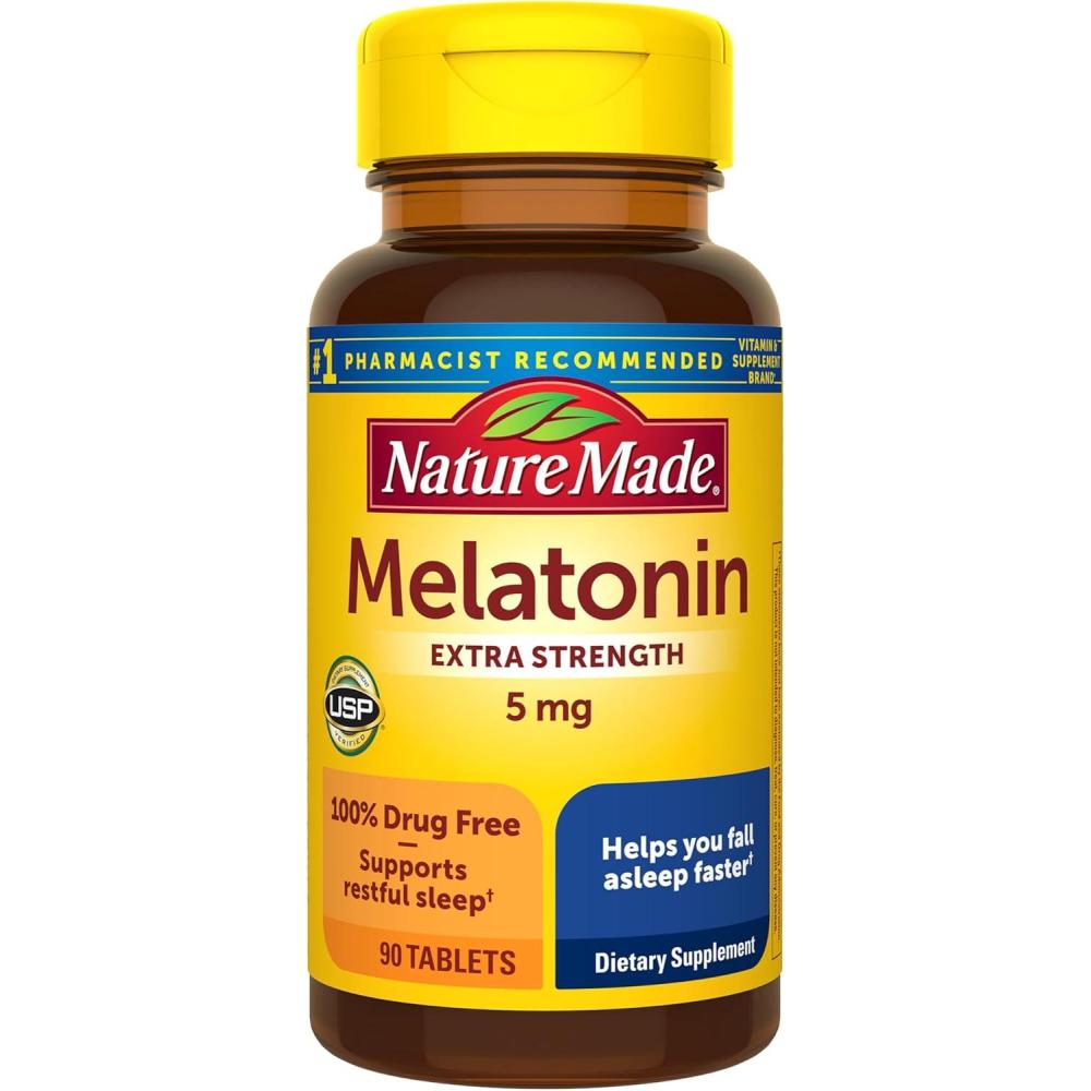 image:imageNature Made Melatonin 5mg Tablets Extra Strength 100 Drug Free Sleep Aid for Adults 90 Tablets 90 Day Supply90 Count Pack of 1