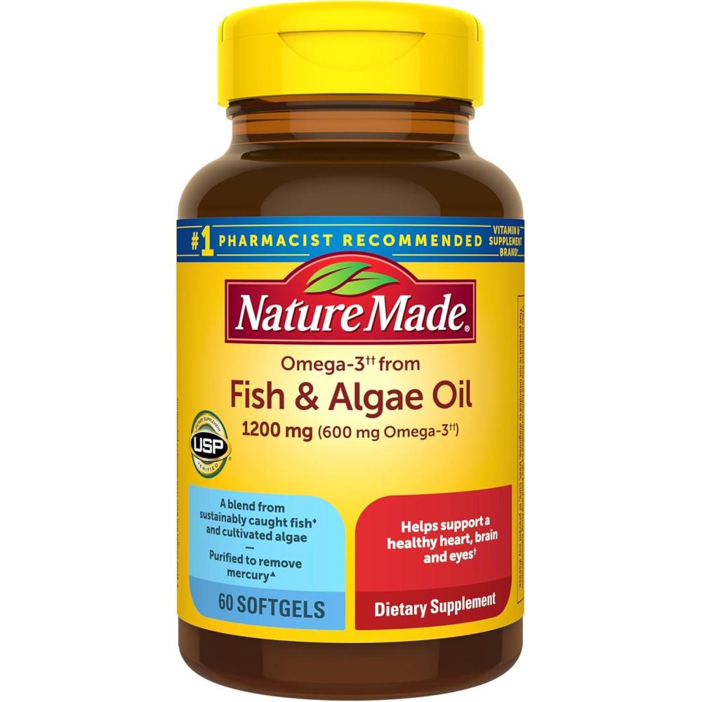 image:imageNature Made Omega 3 Fish Oil and Algae Oil Supplements 1200mg Algae Oil amp Fish Oil Blend Omega 3 Supplement for Heart Brain and Eyes Support One Per Day 60 Softgels