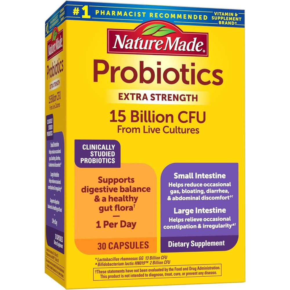 image:imageNature Made Probiotics for Digestive Health Extra Strength 15 Billion CFU from Live Cultures Probiotics for Women and Men 30 Probiotic Capsules 30 Day SupplyUnflavored