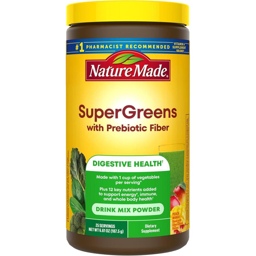 image:imageNature Made Super Greens Powder with Prebiotic Fiber Drink Mix Made with 1 Cup Veggies Per Serving Fiber Supplement Vitamins and Minerals 25 Day Supply