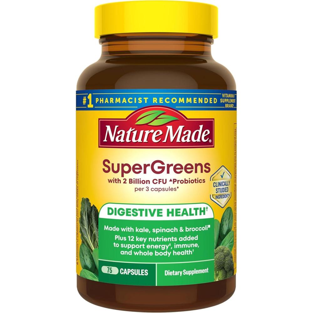 image:imageNature Made Super Greens with Probiotic Capsules Made with 12 Cup Veggies Per Serving Probiotics for Digestive Health 75 Capsules 25 Day Supply