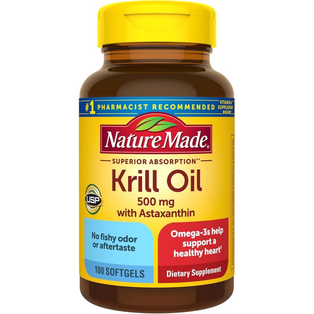 image:imageNature Made Superior Absorption Krill Oil 500mg with Astaxanthin and Phospholipids Omega 3 for Heart Health Support Antarctic Krill Oil Supplement 100 Softgels 100 Day Supply