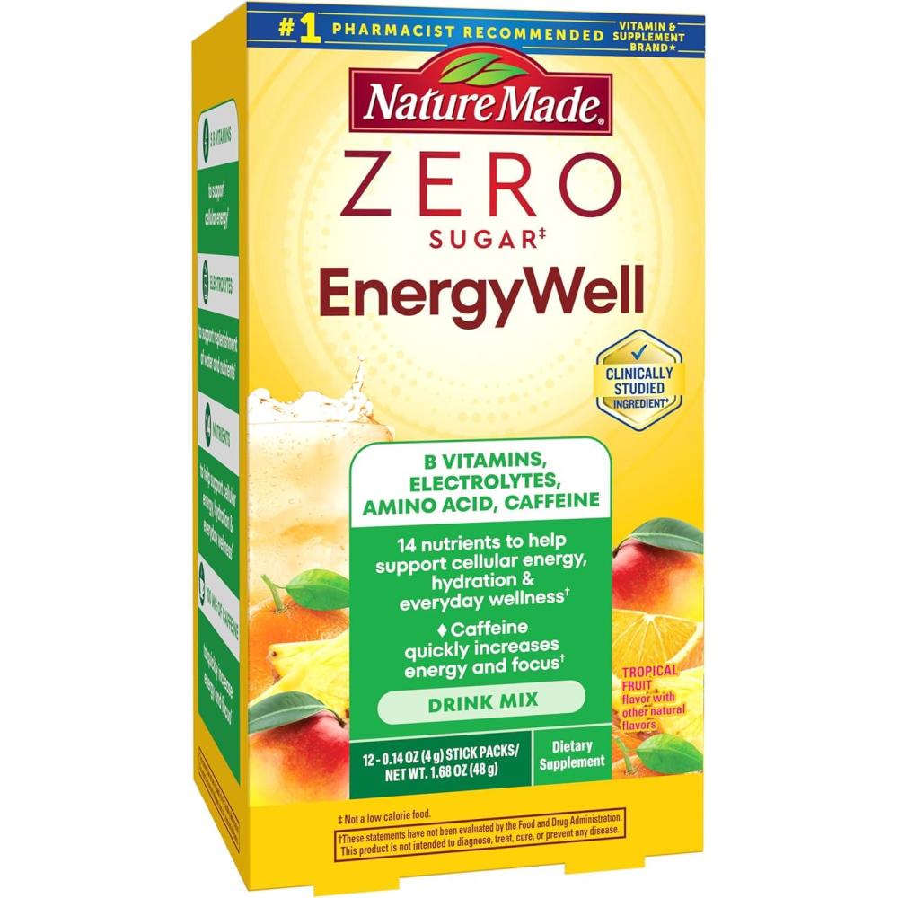 image:imageNature Made Zero Sugar EnergyWell Drink Mix Caffeine B Vitamins and Electrolytes Powder Energy amp Hydration Support 12 Sugar Free Drink Mix Packets 12 Day Supply