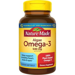 Nature Made Algae Oil Omega 3 Supplement 540mg, Omega 3 Fish Oil Alternative, 70 Veggie Softgels, Sustainable, Plant-Based, for Healthy Heart, Brain, and Eye Support, 70 Softgels(70 Count (Pack of 1))