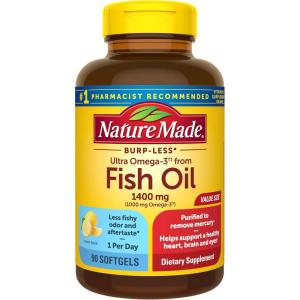 Nature Made Burp Less Fish Oil Omega 3 Supplements, 1200 mg Softgels, EPA DHA Omega 3 Fish Oil Supplements for Healthy Heart Support, 60 Softgels, 30 Day Supply(90 Count (Pack of 1))