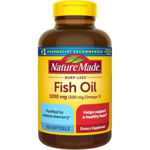 Nature Made Burp Less Fish Oil Omega 3 Supplements, 1200 mg Softgels, EPA DHA Omega 3 Fish Oil Supplements for Healthy Heart Support, 60 Softgels, 30 Day Supply(150 Count (Pack of 1))
