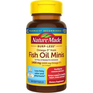 Nature Made Extra Strength Burp Less Fish Oil Omega 3 Supplements 1400 mg Minis, Omega 3 Fish Oil as Ethyl Esters for Healthy Heart Brain Eyes Support, 60 Softgels, 30 Day Supply