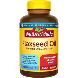 Nature Made Extra Strength Flaxseed Oil 1400 mg, Fish Free Omega 3 Supplement, Dietary Supplement for Heart Health Support, 100 Softgels, 100 Day Supply(100 Count (Pack of 1))