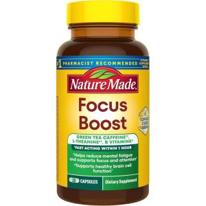 Nature Made Focus Boost Capsules, Green Tea Caffeine + L Theanine, B Vitamins, Fast Acting Focus Supplement, 30 Capsules, 30 Day Supply