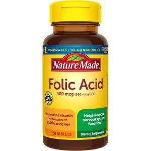 Nature Made Folic Acid 400 mcg (665 mcg DFE) Dietary Supplement for Nervous System Function, Folic Acid Supplements for Women and Men, 250 Tablets, 250 Day Supply(250 Count (Pack of 1))
