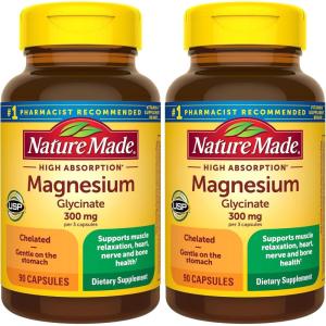 Nature Made High Absorption Magnesium Glycinate 300mg per 3 Capsules, Magnesium Supplement for Muscle, Heart, Nerve and Bone Support, 90 Magnesium Bisglycinate Capsules, 30 Day Supply(90 Count (Pack of 2))