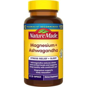 Nature Made Magnesium + Ashwagandha Capsules, Stress Relief and Sleep Support, Magnesium 300 mg and Ashwagandha Supplements, 60 Capsules, 30 Day Supply