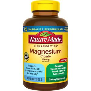 Nature Made Magnesium Citrate 250 mg per serving, Magnesium Supplements for Men and Women, Supports Muscle, Nerve, Bone and Heart, 60 Softgels, 30 Day Supply(120 Count (Pack of 1))