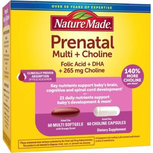 Nature Made Prenatal Vitamin Softgels + Choline Capsules, Folic Acid + DHA + Choline, 60 Prenatal Vitamins for Women, 60 Choline Supplements Capsules, 60 Day Supply